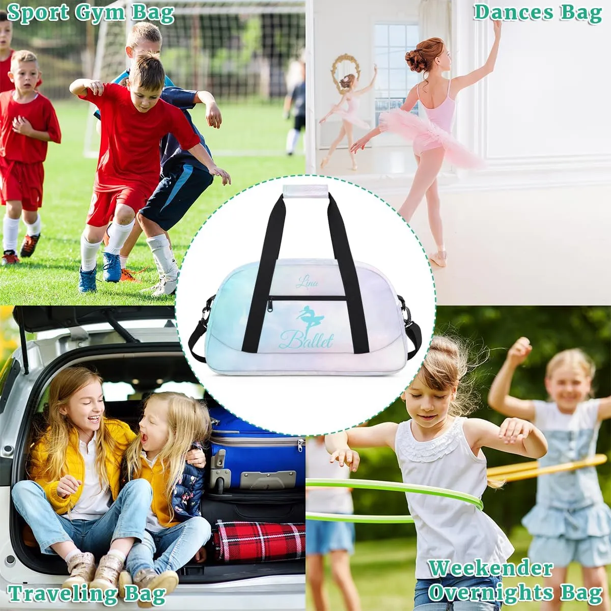 Personalized Dance Bag for Girls Kids, Custom Gym Bag Overnight Small Duffel Bag with Padded Handles Sports Travel Bag for School Practice Gymnastics Ballet, Colorful Clouds Cyan Ballerinas