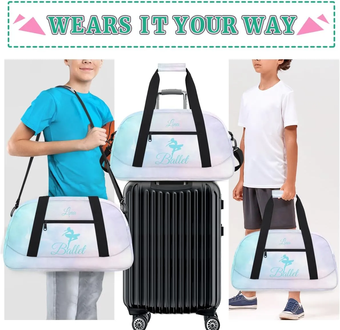 Personalized Dance Bag for Girls Kids, Custom Gym Bag Overnight Small Duffel Bag with Padded Handles Sports Travel Bag for School Practice Gymnastics Ballet, Colorful Clouds Cyan Ballerinas