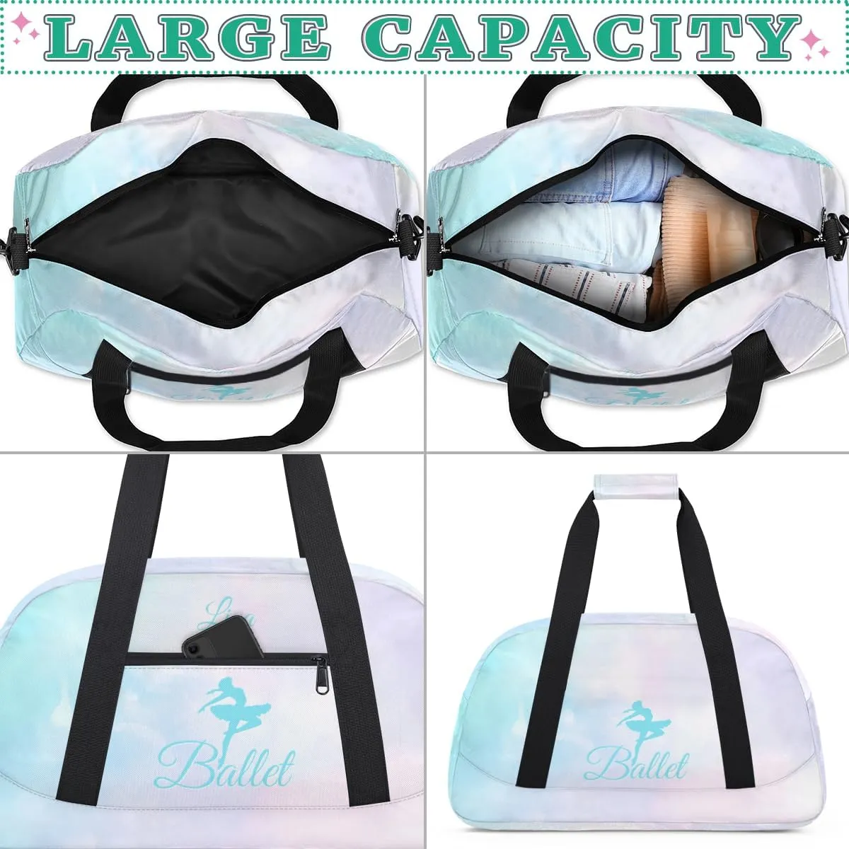 Personalized Dance Bag for Girls Kids, Custom Gym Bag Overnight Small Duffel Bag with Padded Handles Sports Travel Bag for School Practice Gymnastics Ballet, Colorful Clouds Cyan Ballerinas