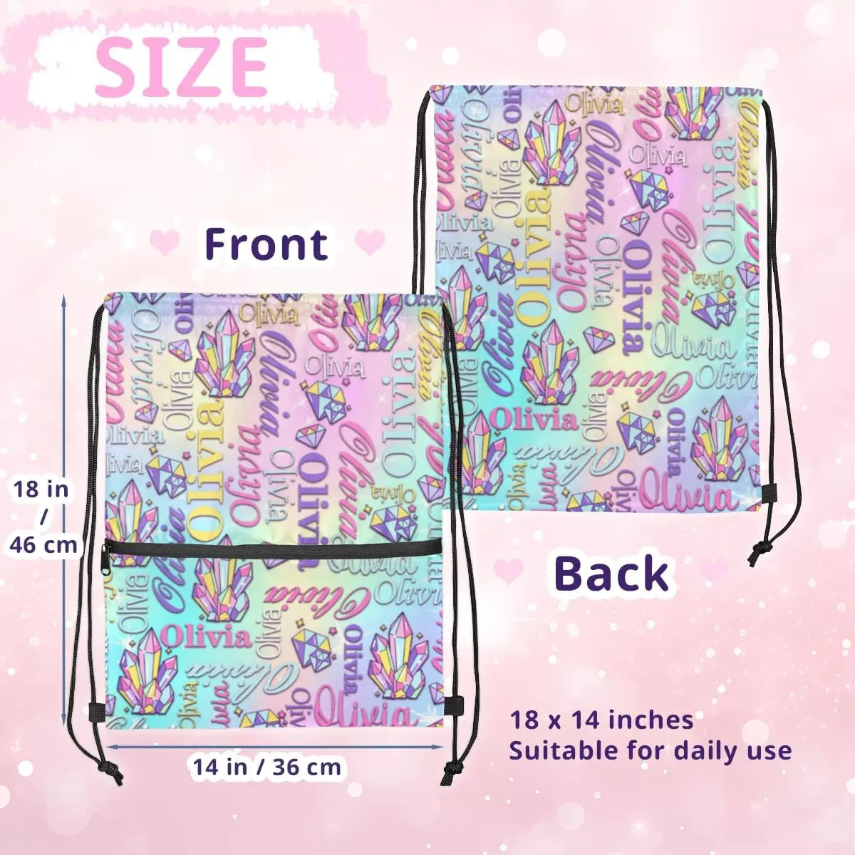 Personalized Drawstring Backpack Dance Bag Gymnastics Bag for Girl, Custom Sport Sackpack String Gym Bag Weekender Bags for Boy Diamond Colorful
