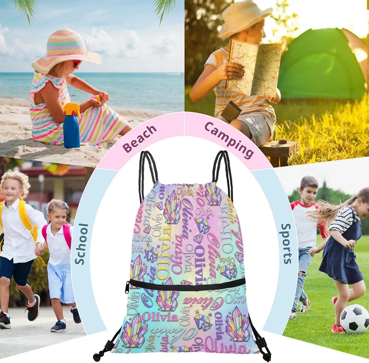 Personalized Drawstring Backpack Dance Bag Gymnastics Bag for Girl, Custom Sport Sackpack String Gym Bag Weekender Bags for Boy Diamond Colorful