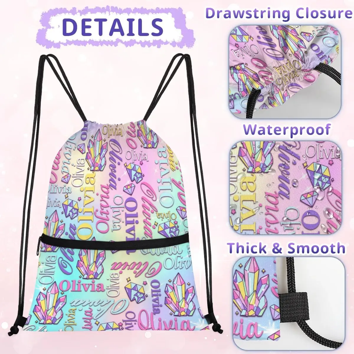 Personalized Drawstring Backpack Dance Bag Gymnastics Bag for Girl, Custom Sport Sackpack String Gym Bag Weekender Bags for Boy Diamond Colorful