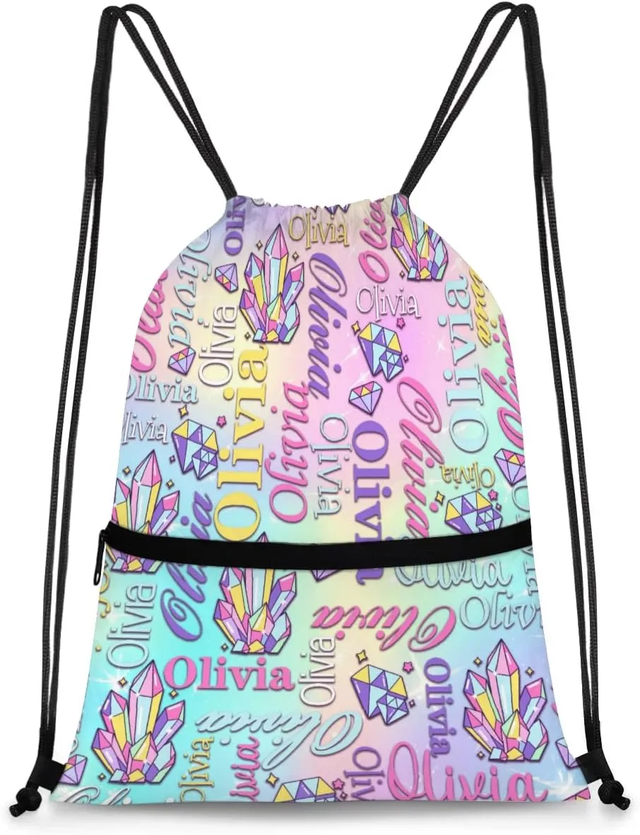 Personalized Drawstring Backpack Dance Bag Gymnastics Bag for Girl, Custom Sport Sackpack String Gym Bag Weekender Bags for Boy Diamond Colorful