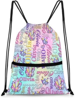 Personalized Drawstring Backpack Dance Bag Gymnastics Bag for Girl, Custom Sport Sackpack String Gym Bag Weekender Bags for Boy Diamond Colorful