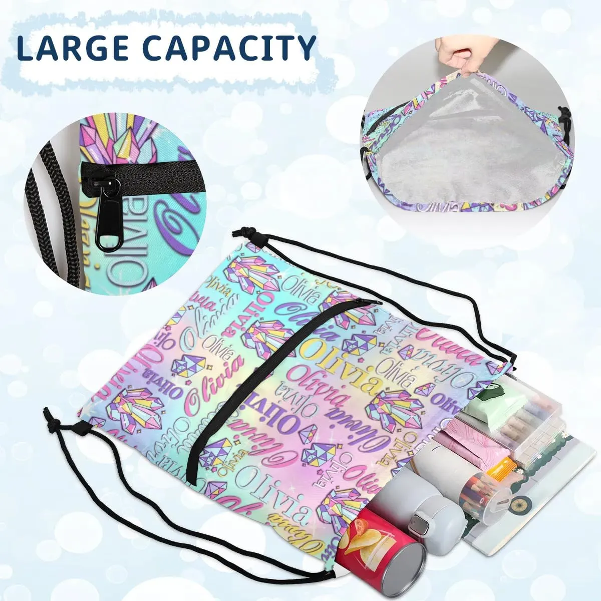 Personalized Drawstring Backpack Dance Bag Gymnastics Bag for Girl, Custom Sport Sackpack String Gym Bag Weekender Bags for Boy Diamond Colorful