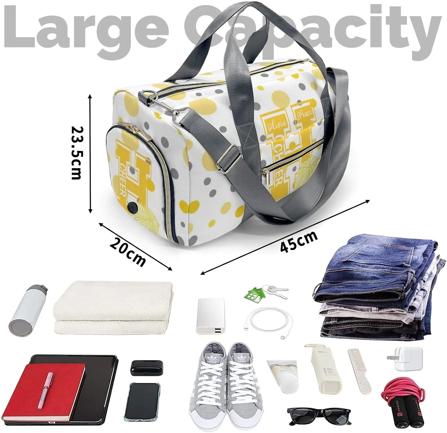 Personalized Gift Duffel Bag Polka Dots Bow Yellow Cheerleader Pom-pom Travel in Style: Trendy Bags for Sport and Leisure