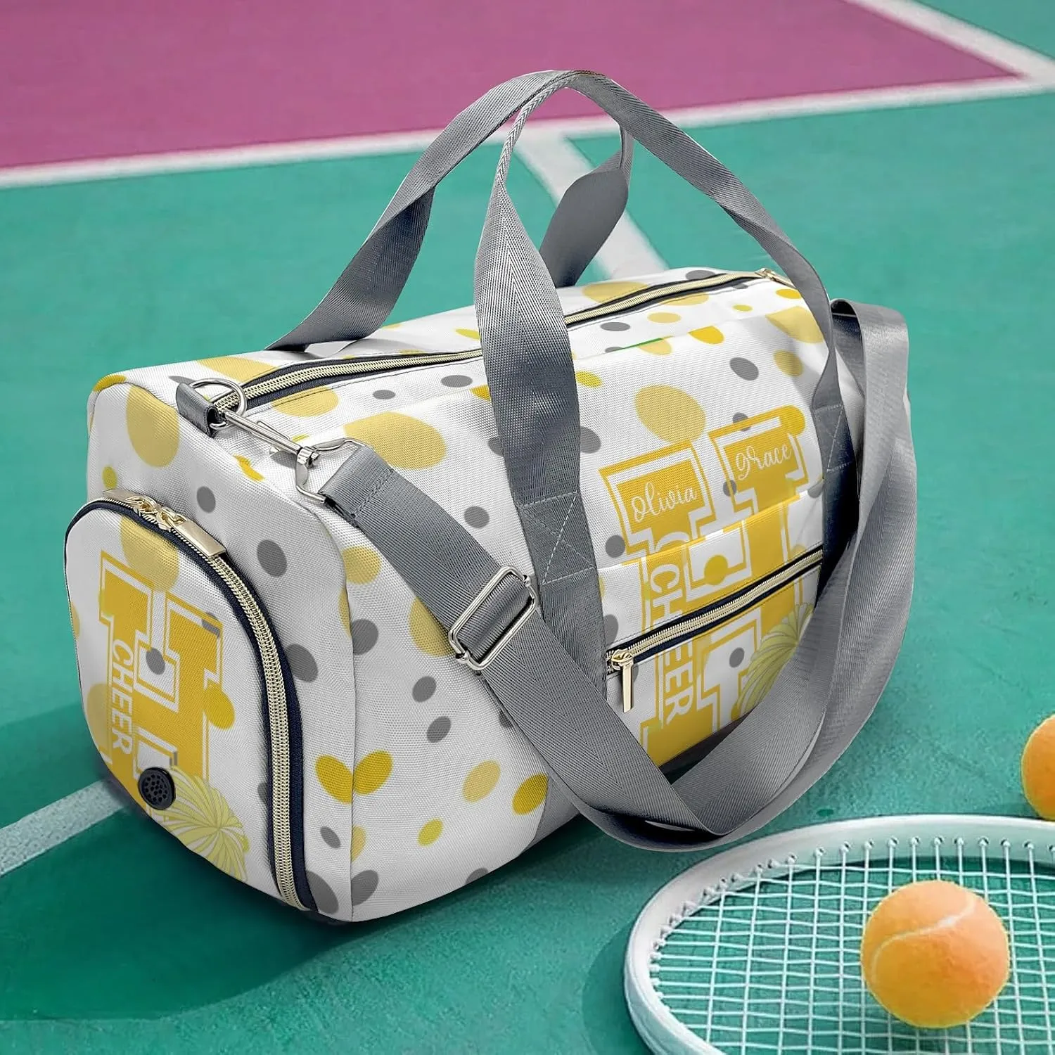 Personalized Gift Duffel Bag Polka Dots Bow Yellow Cheerleader Pom-pom Travel in Style: Trendy Bags for Sport and Leisure