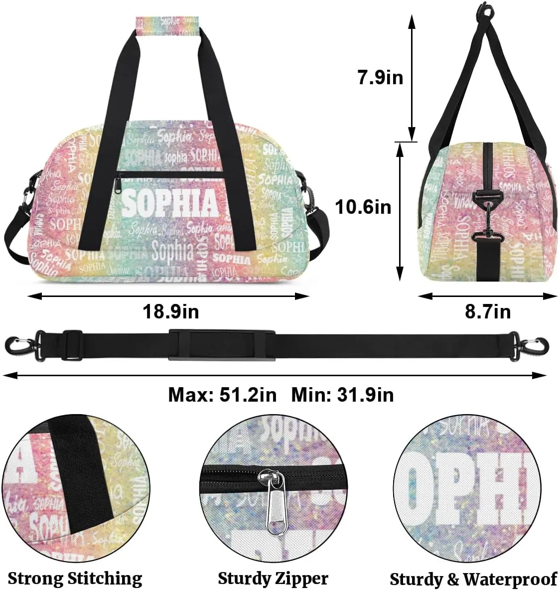 Personalized Gym Bag for Girls, Custom Name Sport Duffel Dance Bag Weekender Bags Carry On Overnight Travel Duffel Bag, Colorful Rainbow Stripes Pink Yellow Light Green