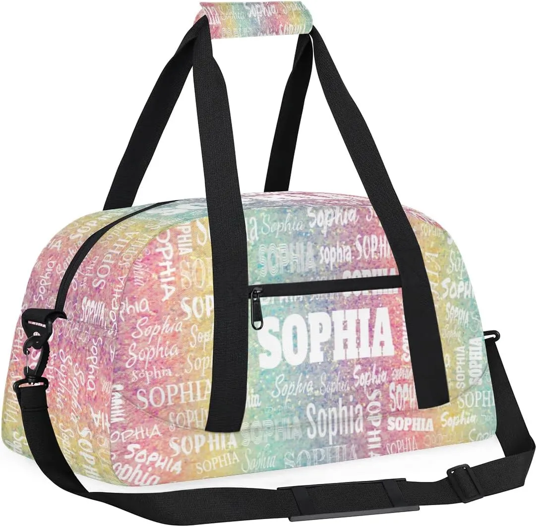 Personalized Gym Bag for Girls, Custom Name Sport Duffel Dance Bag Weekender Bags Carry On Overnight Travel Duffel Bag, Colorful Rainbow Stripes Pink Yellow Light Green
