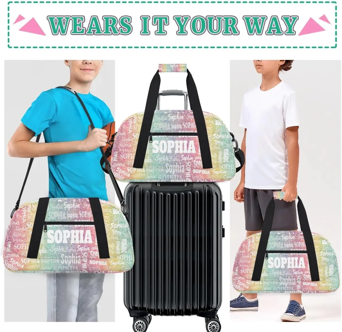 Personalized Gym Bag for Girls, Custom Name Sport Duffel Dance Bag Weekender Bags Carry On Overnight Travel Duffel Bag, Colorful Rainbow Stripes Pink Yellow Light Green