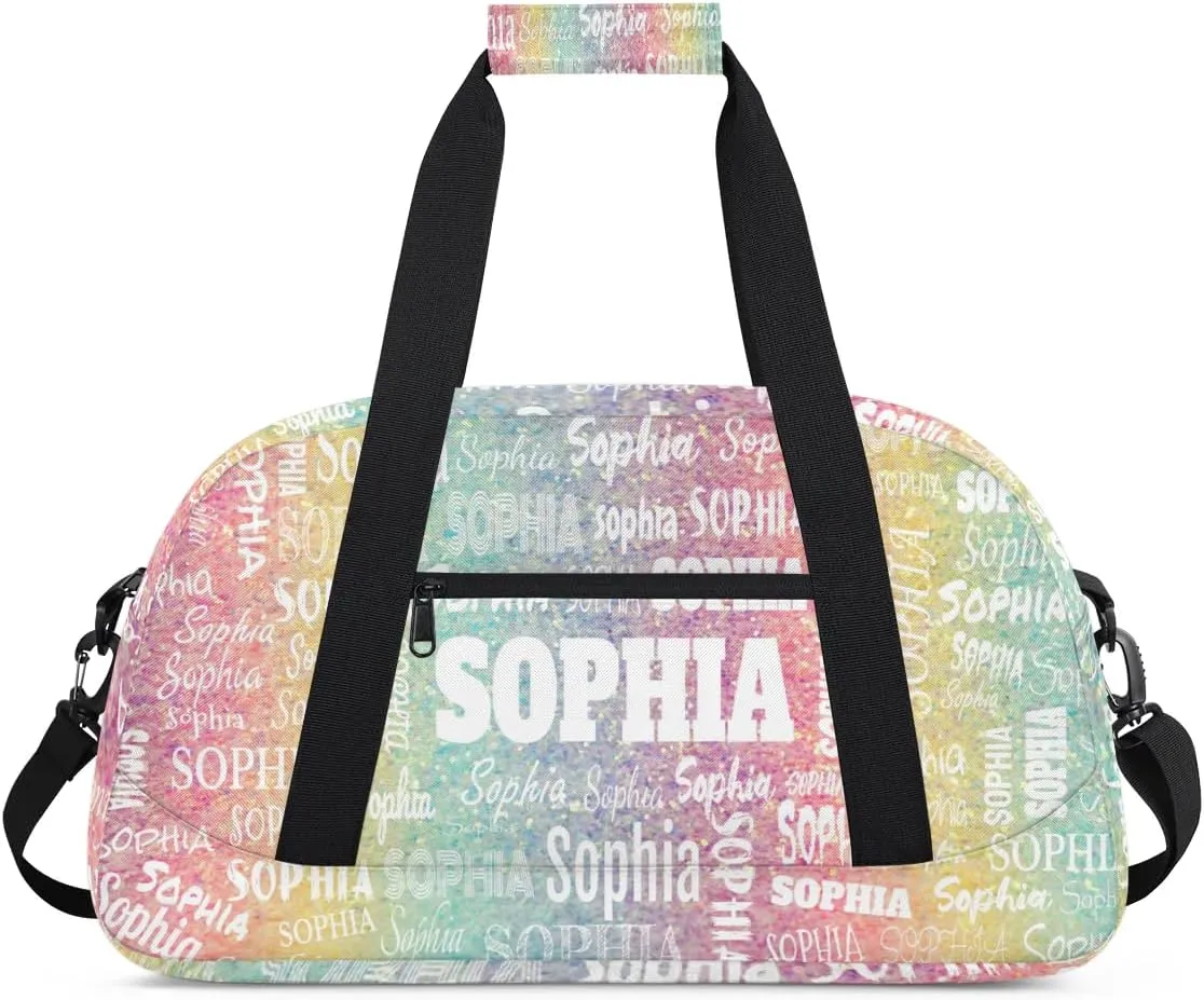 Personalized Gym Bag for Girls, Custom Name Sport Duffel Dance Bag Weekender Bags Carry On Overnight Travel Duffel Bag, Colorful Rainbow Stripes Pink Yellow Light Green