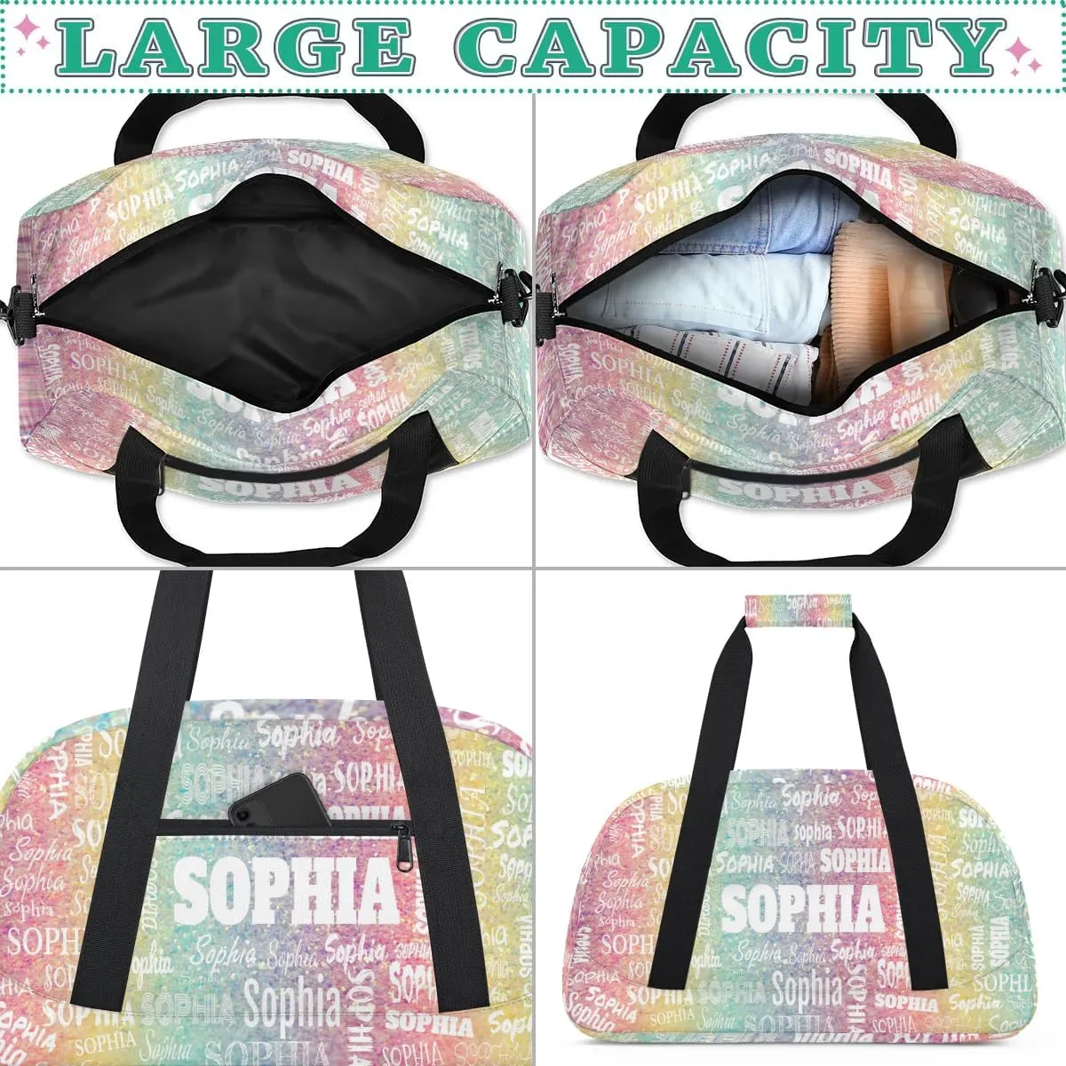 Personalized Gym Bag for Girls, Custom Name Sport Duffel Dance Bag Weekender Bags Carry On Overnight Travel Duffel Bag, Colorful Rainbow Stripes Pink Yellow Light Green