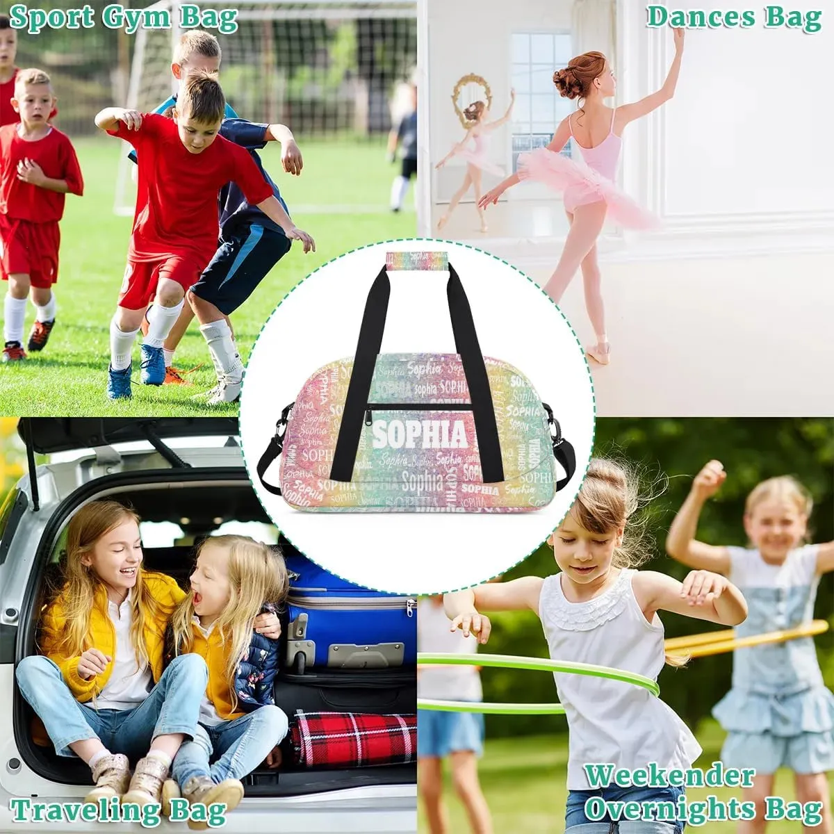 Personalized Gym Bag for Girls, Custom Name Sport Duffel Dance Bag Weekender Bags Carry On Overnight Travel Duffel Bag, Colorful Rainbow Stripes Pink Yellow Light Green