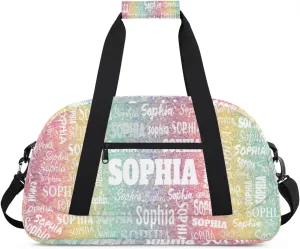 Personalized Gym Bag for Girls, Custom Name Sport Duffel Dance Bag Weekender Bags Carry On Overnight Travel Duffel Bag, Colorful Rainbow Stripes Pink Yellow Light Green