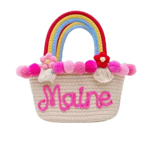 Personalized HandBag for Women, Custom Name Pom Pom Beach Handbag, Customized Tote Bag Handwoven Mini Bridesmaid Basket, Birthday Gift for Her