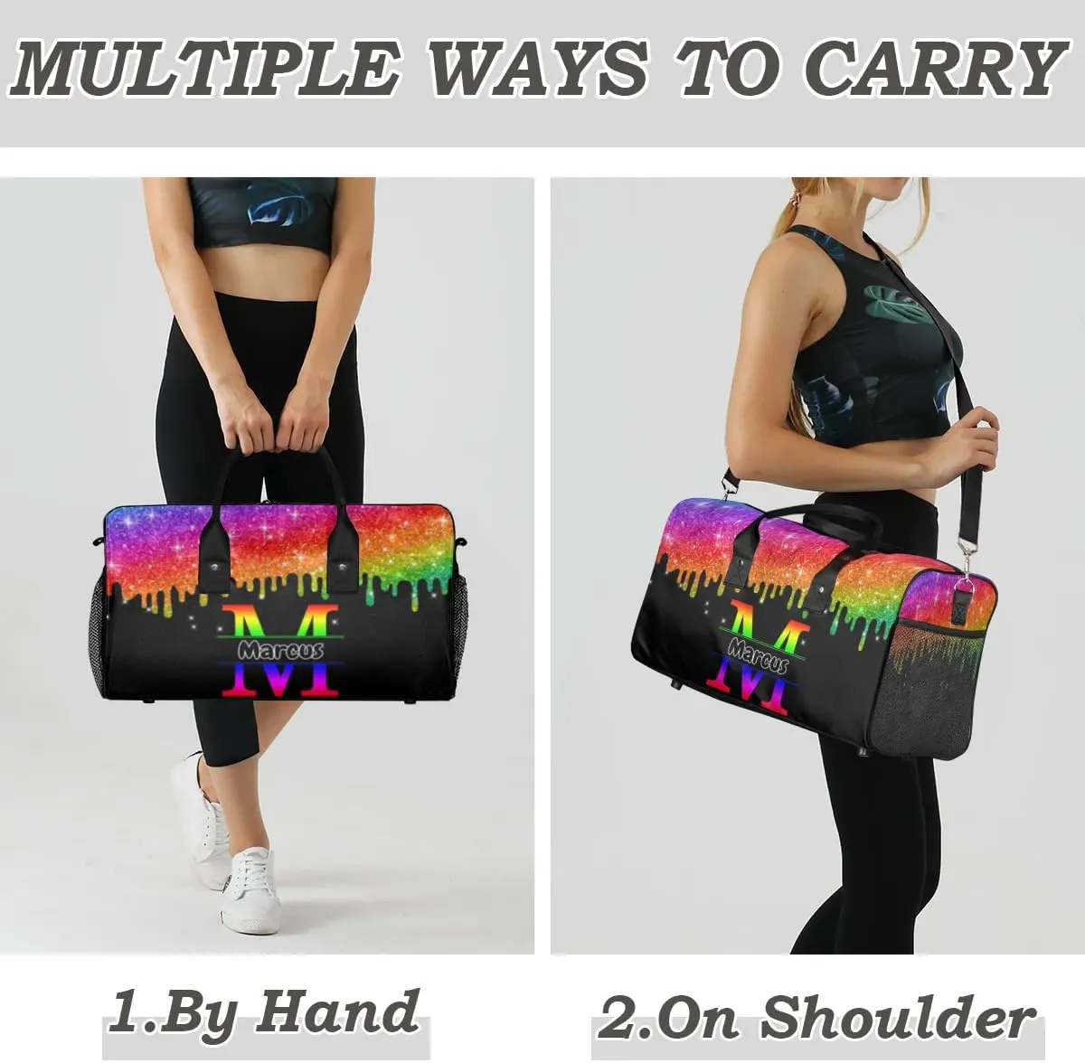 Personalized Initial Sports Bag Travel Duffel Bags with Name, Custom Gym Bag for Adults, Overnight Weekend Bags, Fluid Dance Bag, Personalized Gifts, Colorful Glitter