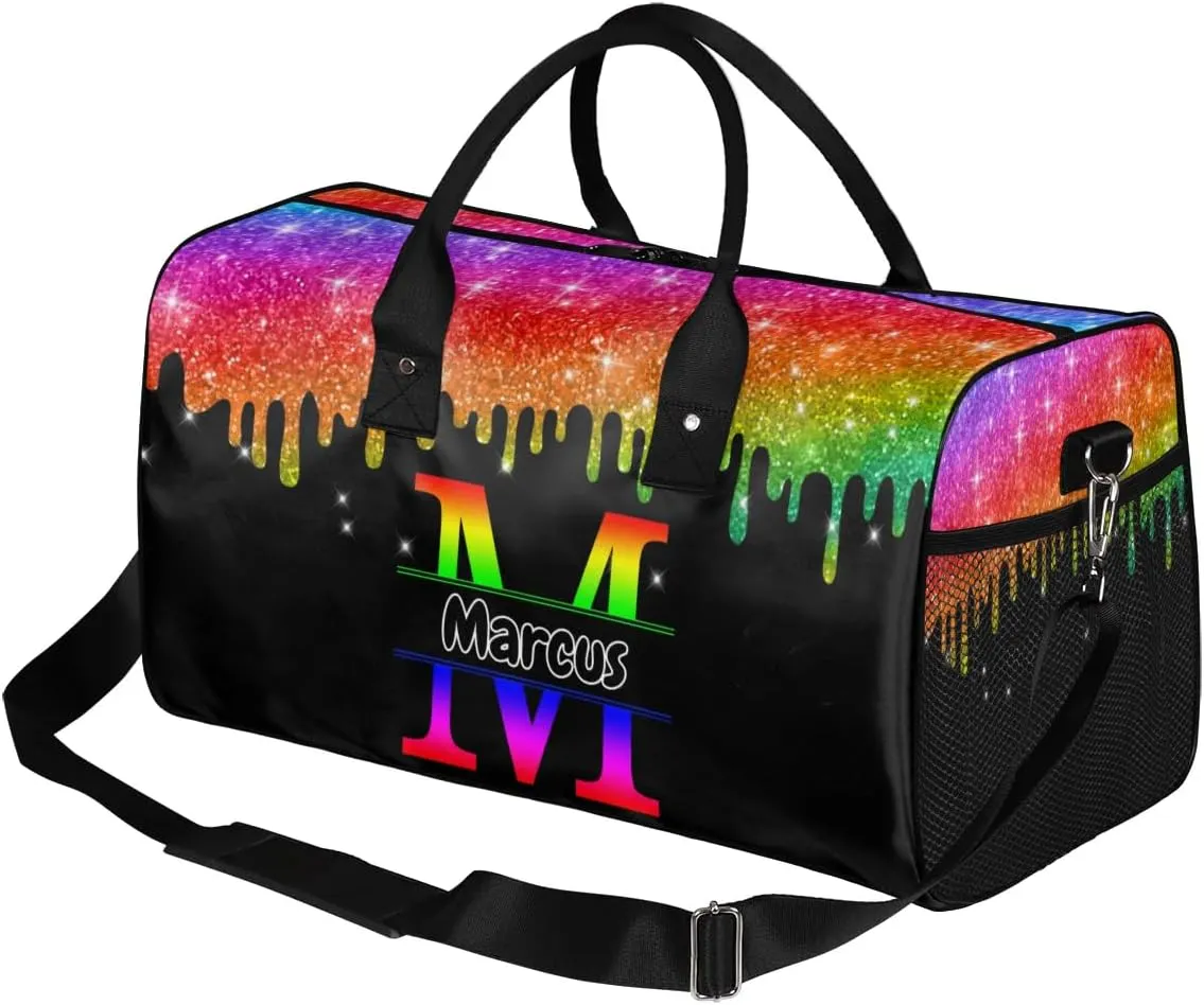 Personalized Initial Sports Bag Travel Duffel Bags with Name, Custom Gym Bag for Adults, Overnight Weekend Bags, Fluid Dance Bag, Personalized Gifts, Colorful Glitter