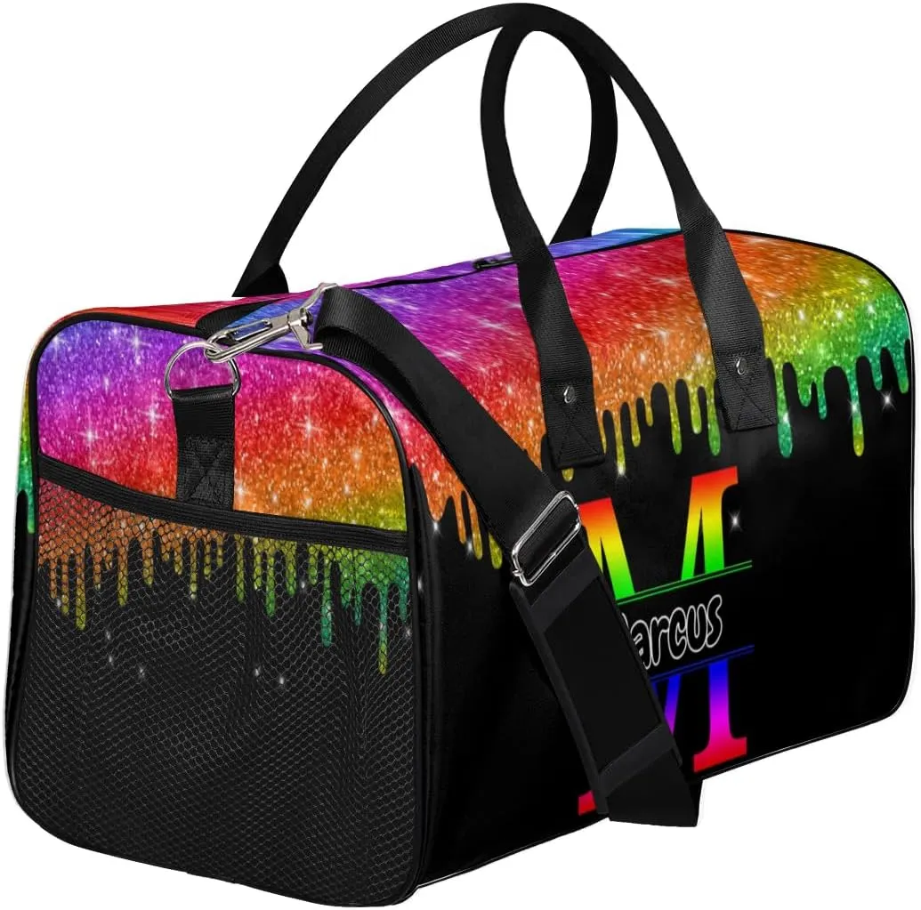 Personalized Initial Sports Bag Travel Duffel Bags with Name, Custom Gym Bag for Adults, Overnight Weekend Bags, Fluid Dance Bag, Personalized Gifts, Colorful Glitter