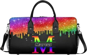 Personalized Initial Sports Bag Travel Duffel Bags with Name, Custom Gym Bag for Adults, Overnight Weekend Bags, Fluid Dance Bag, Personalized Gifts, Colorful Glitter