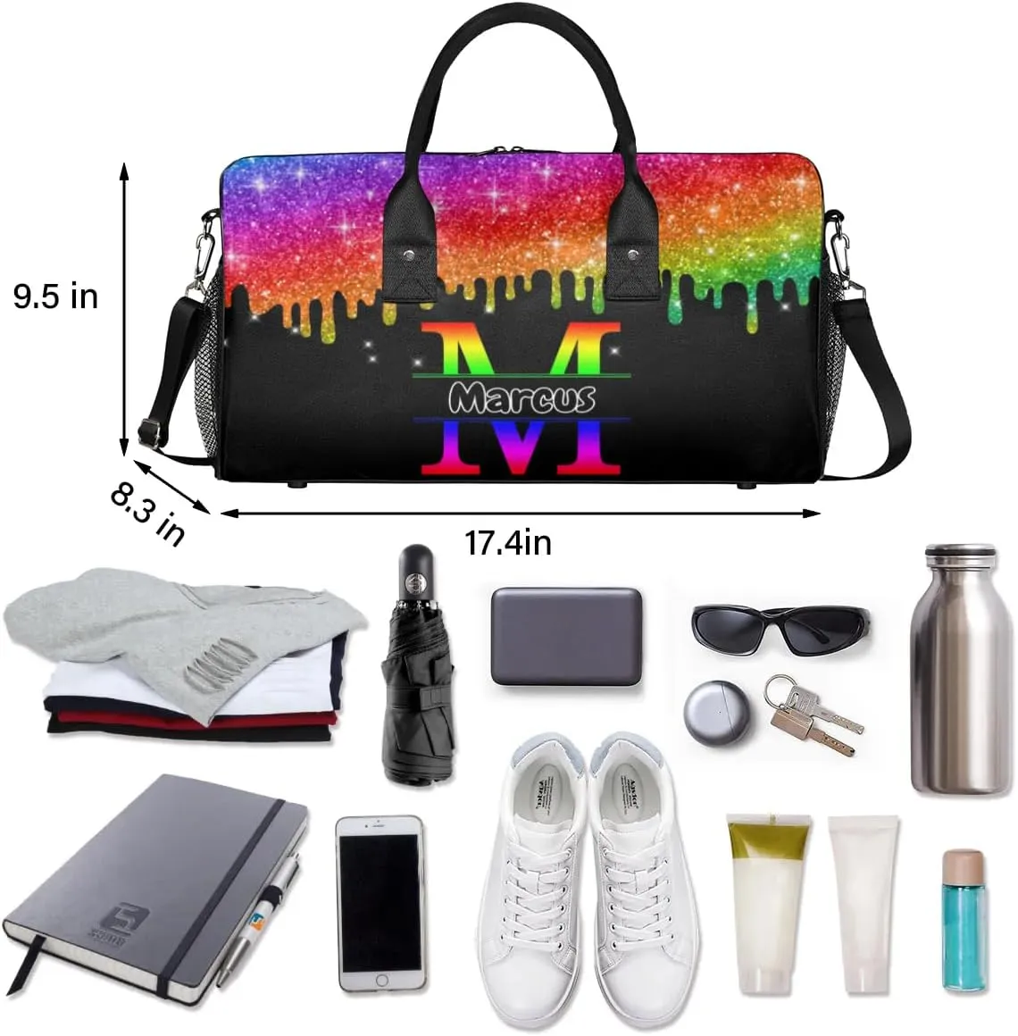 Personalized Initial Sports Bag Travel Duffel Bags with Name, Custom Gym Bag for Adults, Overnight Weekend Bags, Fluid Dance Bag, Personalized Gifts, Colorful Glitter