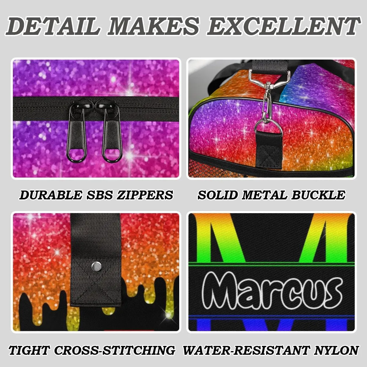 Personalized Initial Sports Bag Travel Duffel Bags with Name, Custom Gym Bag for Adults, Overnight Weekend Bags, Fluid Dance Bag, Personalized Gifts, Colorful Glitter
