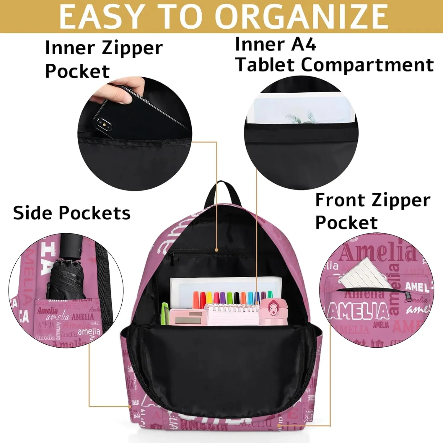 Personalized Name Backpack Custom Shoulder Bags for Women Men Waterproof Travel Casual Daypack Laoptop Bag 15.1in, Berry
