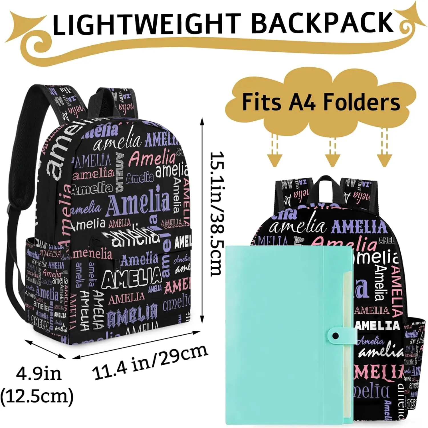 Personalized Name Backpack Custom Shoulder Bags for Women Men Waterproof Travel Casual Daypack Laoptop Bag 15.1in, Black Purple