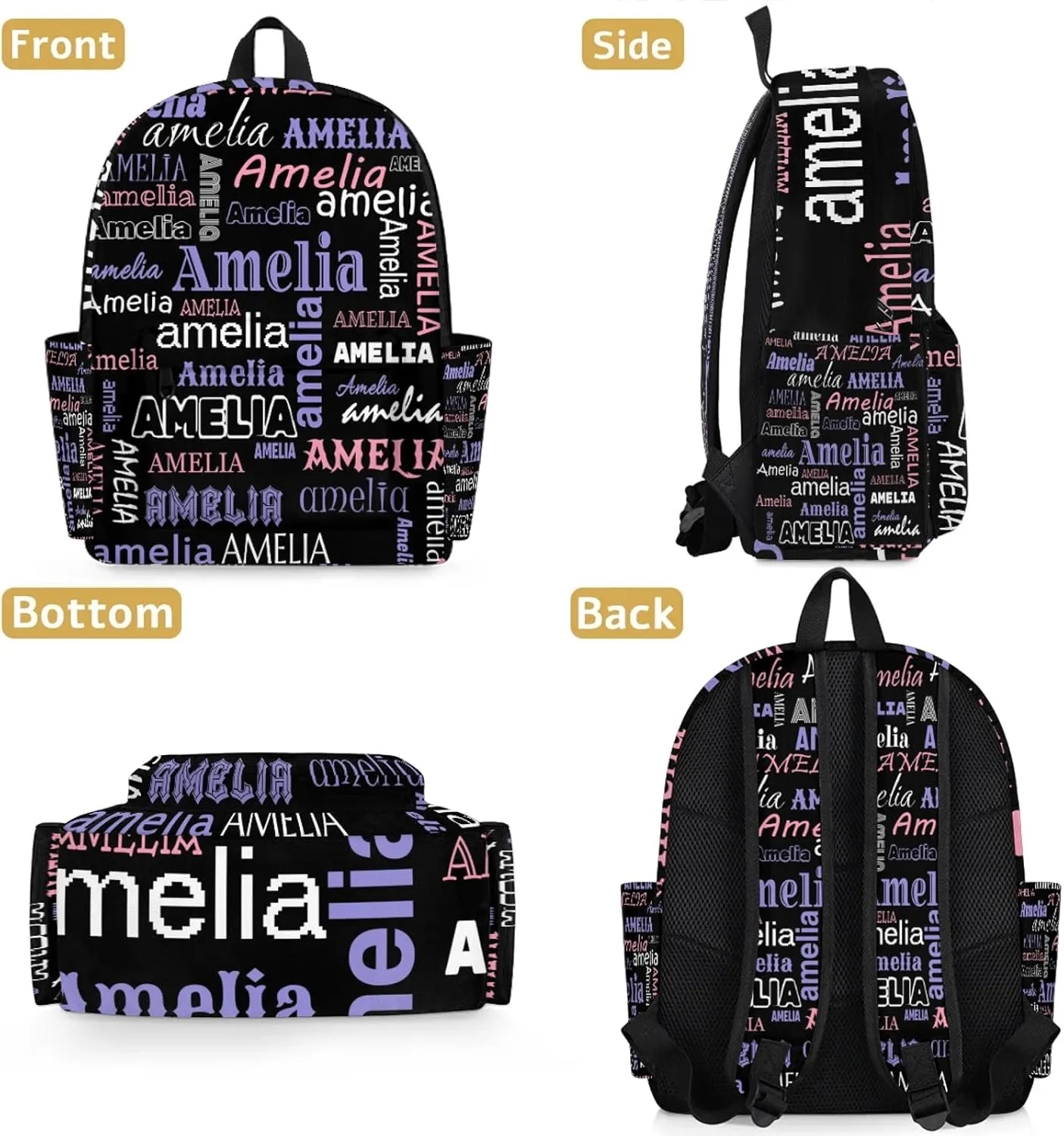 Personalized Name Backpack Custom Shoulder Bags for Women Men Waterproof Travel Casual Daypack Laoptop Bag 15.1in, Black Purple