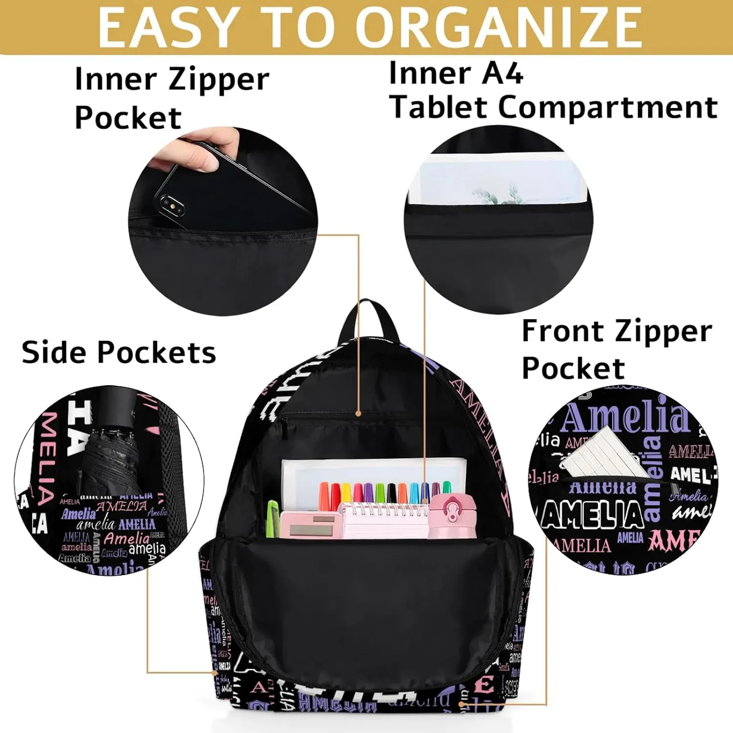 Personalized Name Backpack Custom Shoulder Bags for Women Men Waterproof Travel Casual Daypack Laoptop Bag 15.1in, Black Purple
