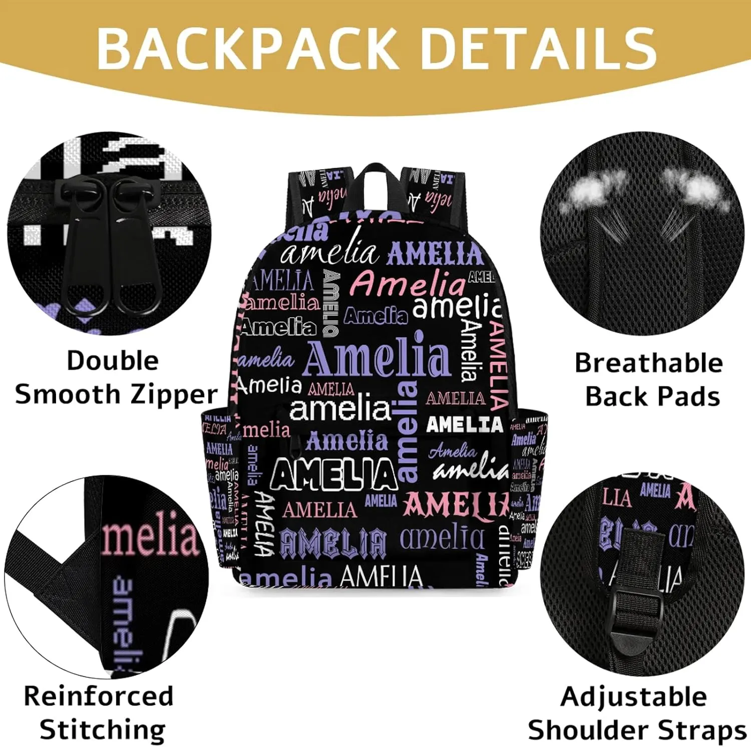 Personalized Name Backpack Custom Shoulder Bags for Women Men Waterproof Travel Casual Daypack Laoptop Bag 15.1in, Black Purple