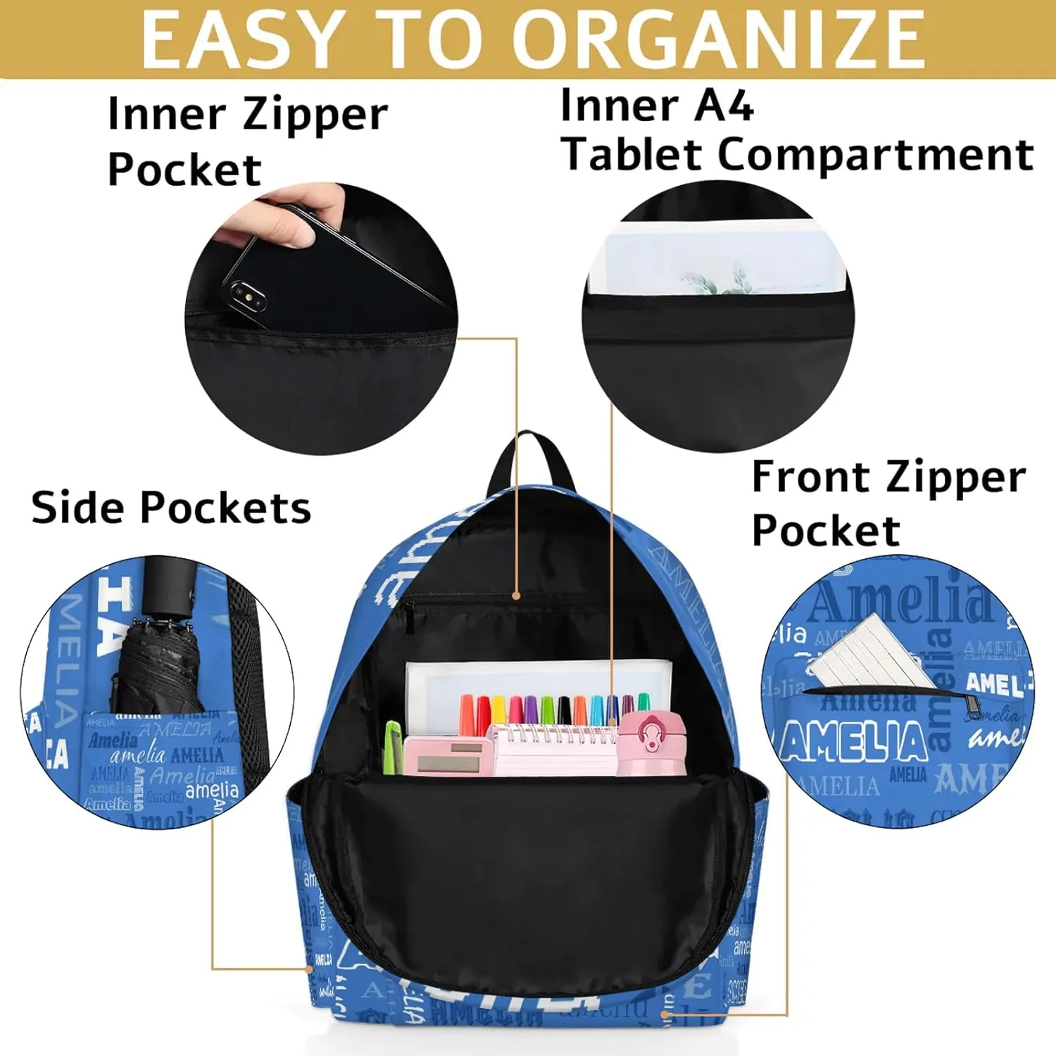 Personalized Name Backpack Custom Shoulder Bags for Women Men Waterproof Travel Casual Daypack Laoptop Bag 15.1in, Blue
