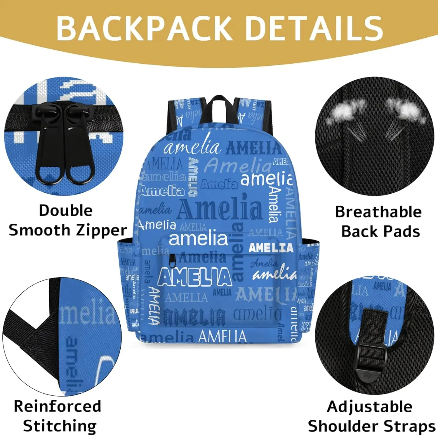 Personalized Name Backpack Custom Shoulder Bags for Women Men Waterproof Travel Casual Daypack Laoptop Bag 15.1in, Blue