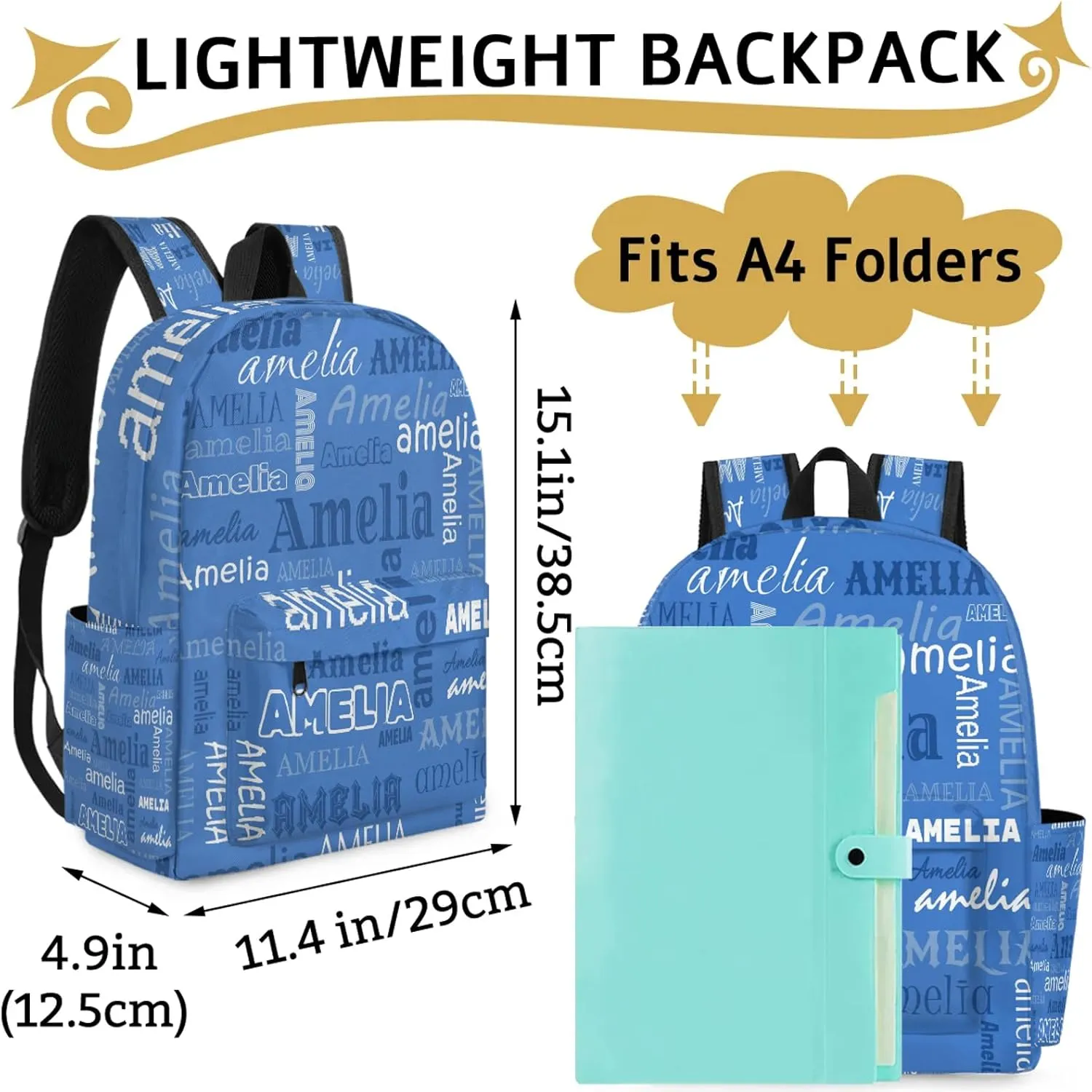 Personalized Name Backpack Custom Shoulder Bags for Women Men Waterproof Travel Casual Daypack Laoptop Bag 15.1in, Blue
