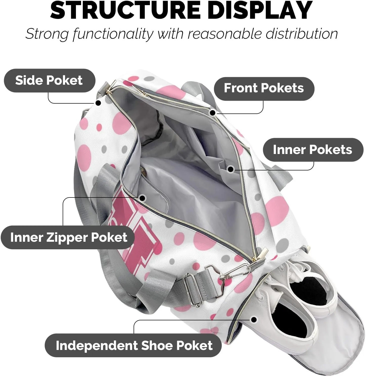 Personalized Name Duffel Bag Polka Dots Bow Pink Cheerleader Pom-pom On-the-Go Fitness: Travel Bags Designed for Active Living