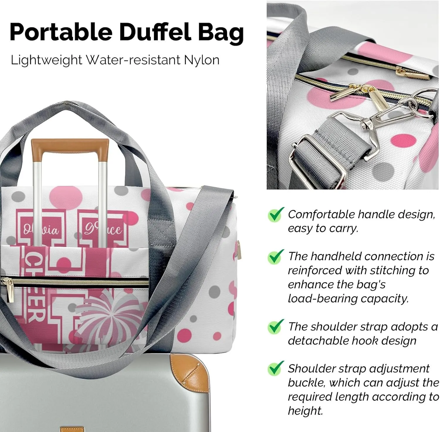 Personalized Name Duffel Bag Polka Dots Bow Pink Cheerleader Pom-pom On-the-Go Fitness: Travel Bags Designed for Active Living