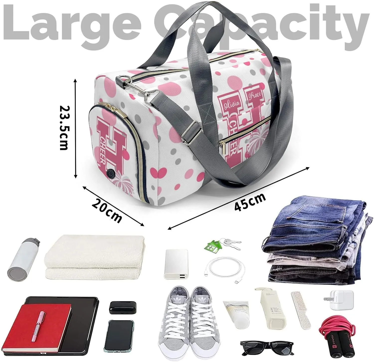 Personalized Name Duffel Bag Polka Dots Bow Pink Cheerleader Pom-pom On-the-Go Fitness: Travel Bags Designed for Active Living