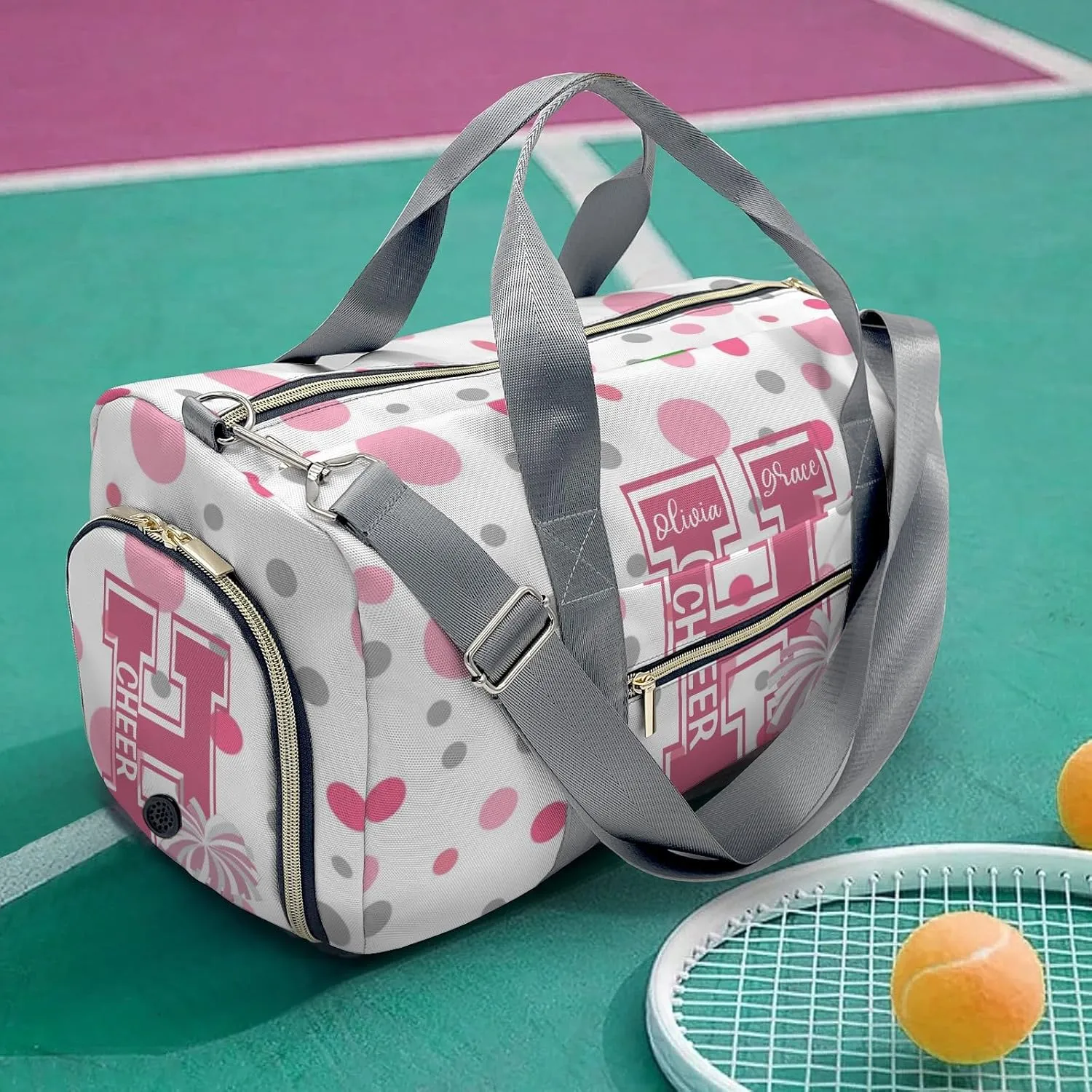 Personalized Name Duffel Bag Polka Dots Bow Pink Cheerleader Pom-pom On-the-Go Fitness: Travel Bags Designed for Active Living