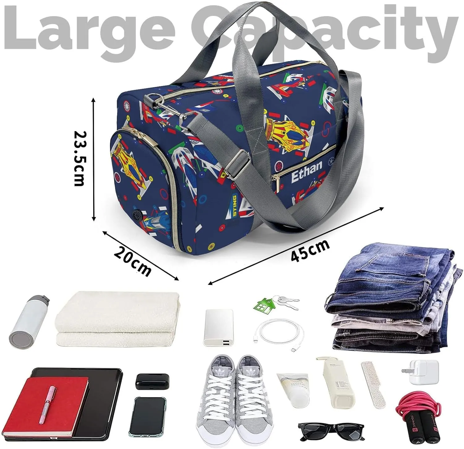 Personalized Name Duffel Bag Pop and Colorful Classic Mini 4WD Toys Car Ultimate Travel Bags: Your Companion for Every Adventure
