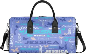 Personalized Sport Duffel Bag with Name, Colorful Butterflies Design Custom Weekender Bag Sleepover Bags for Dance Ballet Gymnastics, Blue Purple