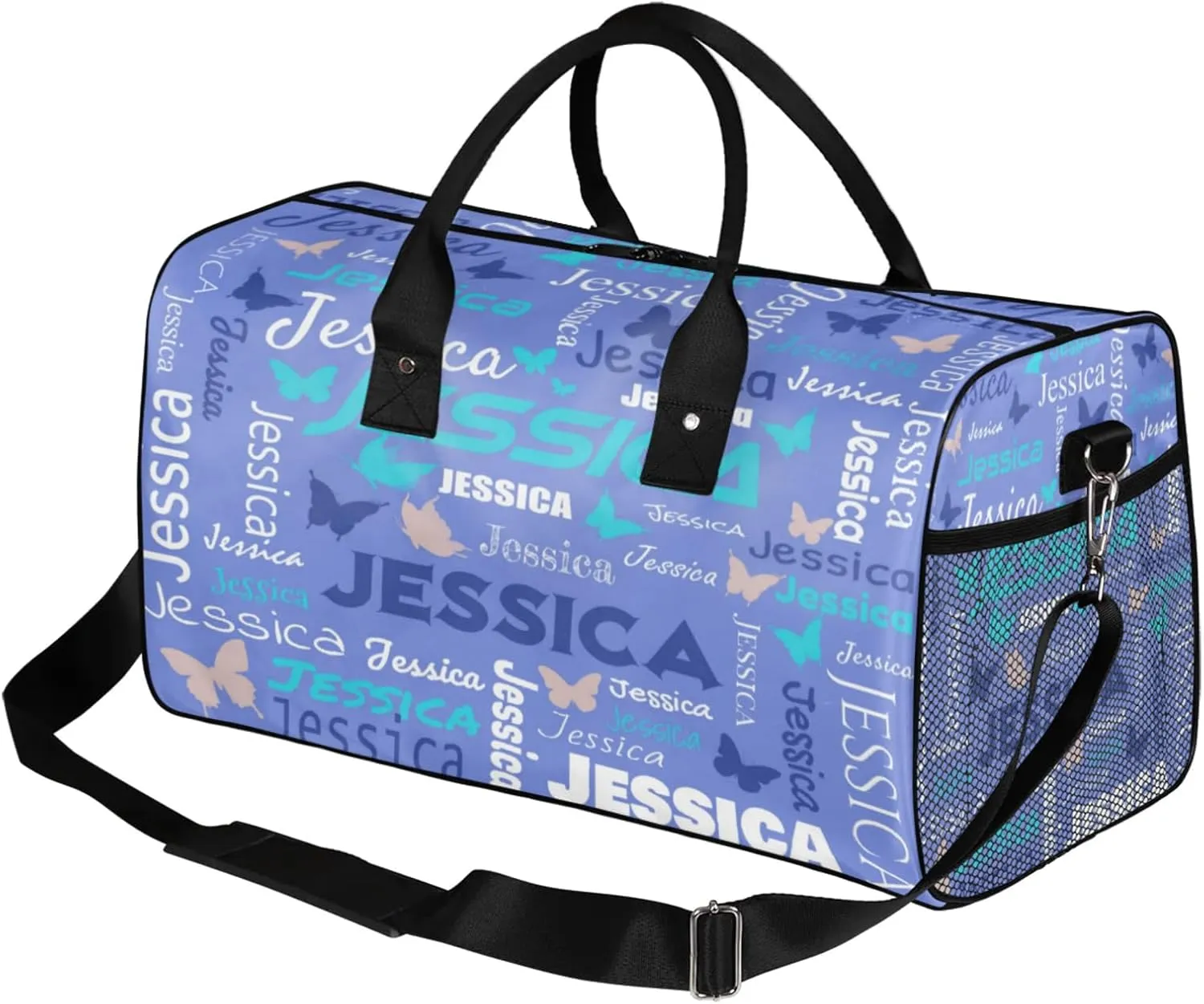 Personalized Sport Duffel Bag with Name, Colorful Butterflies Design Custom Weekender Bag Sleepover Bags for Dance Ballet Gymnastics, Blue Purple