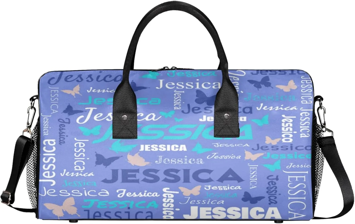 Personalized Sport Duffel Bag with Name, Colorful Butterflies Design Custom Weekender Bag Sleepover Bags for Dance Ballet Gymnastics, Blue Purple
