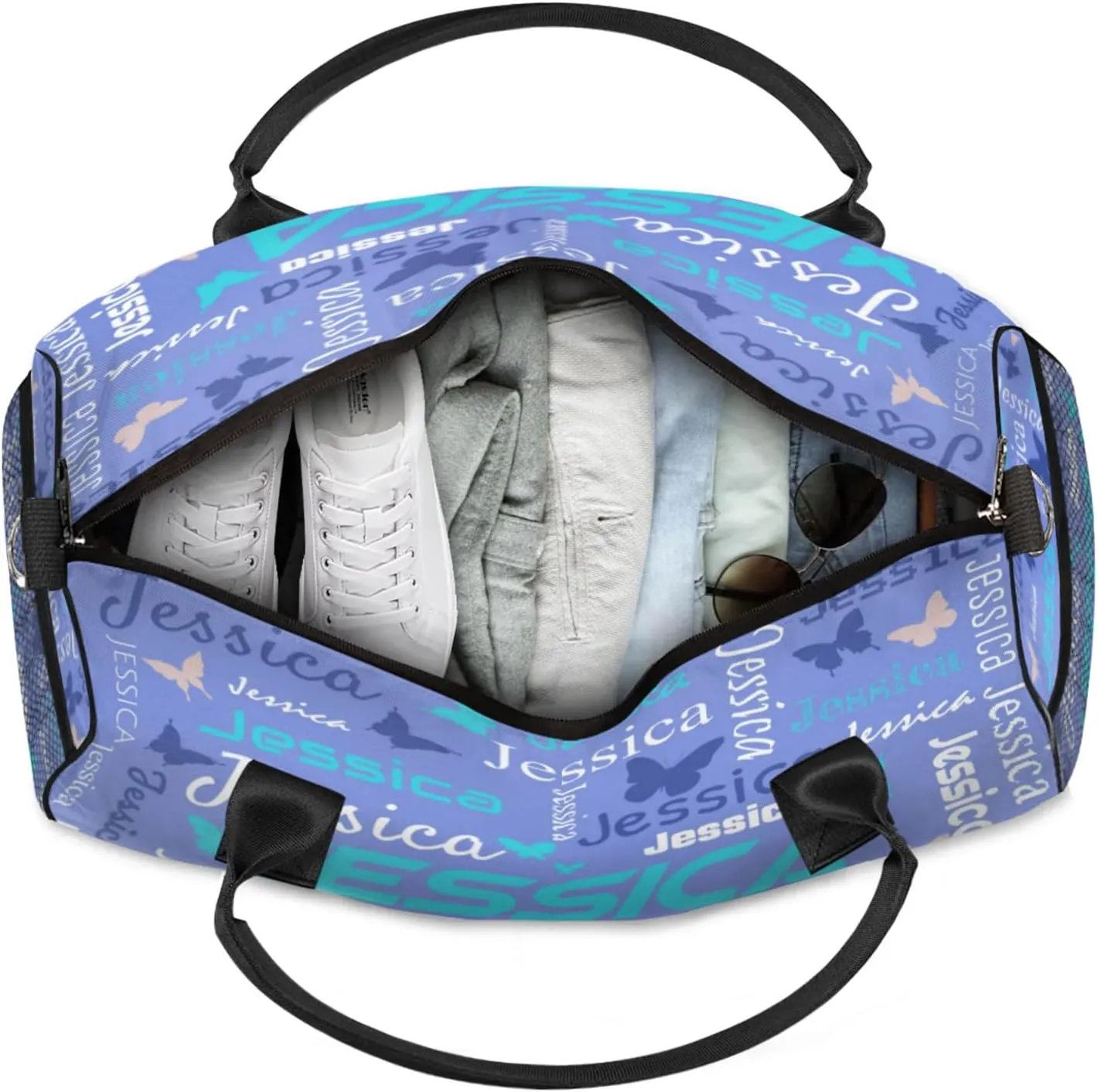 Personalized Sport Duffel Bag with Name, Colorful Butterflies Design Custom Weekender Bag Sleepover Bags for Dance Ballet Gymnastics, Blue Purple