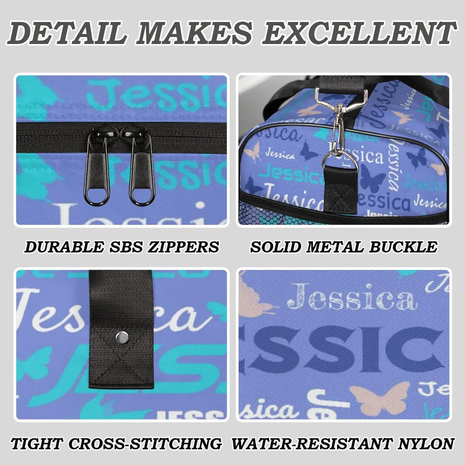 Personalized Sport Duffel Bag with Name, Colorful Butterflies Design Custom Weekender Bag Sleepover Bags for Dance Ballet Gymnastics, Blue Purple