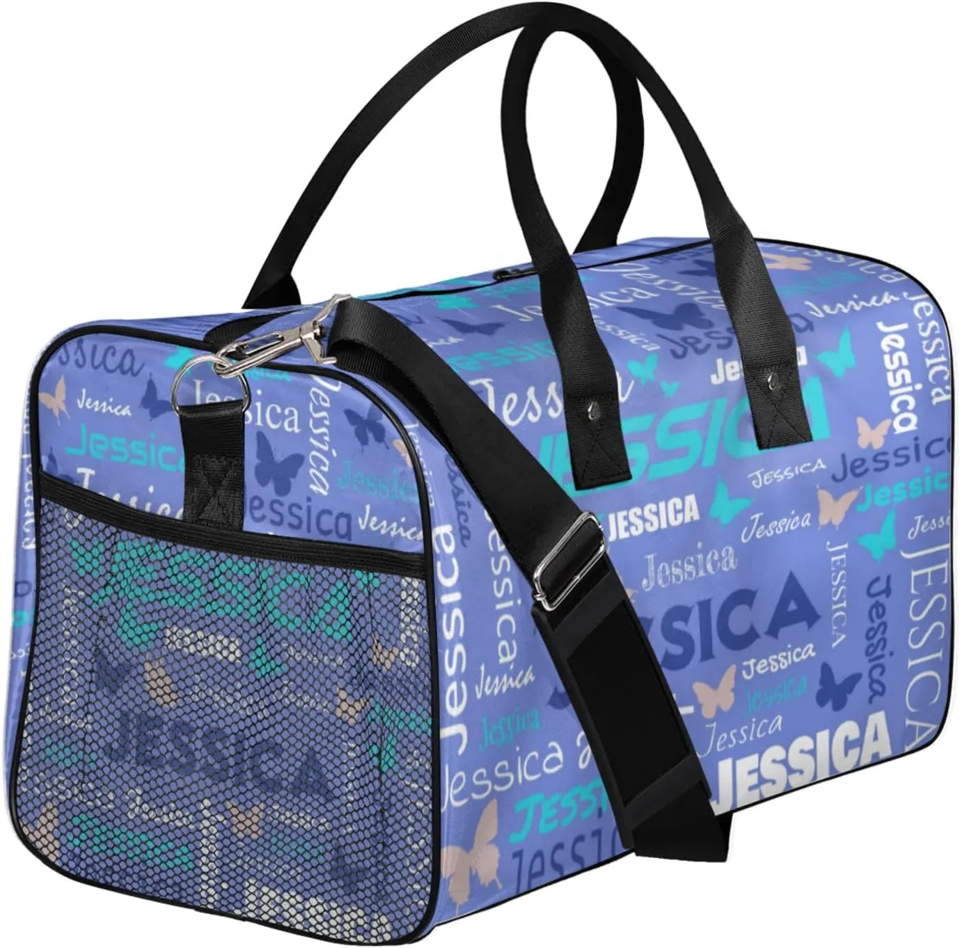 Personalized Sport Duffel Bag with Name, Colorful Butterflies Design Custom Weekender Bag Sleepover Bags for Dance Ballet Gymnastics, Blue Purple