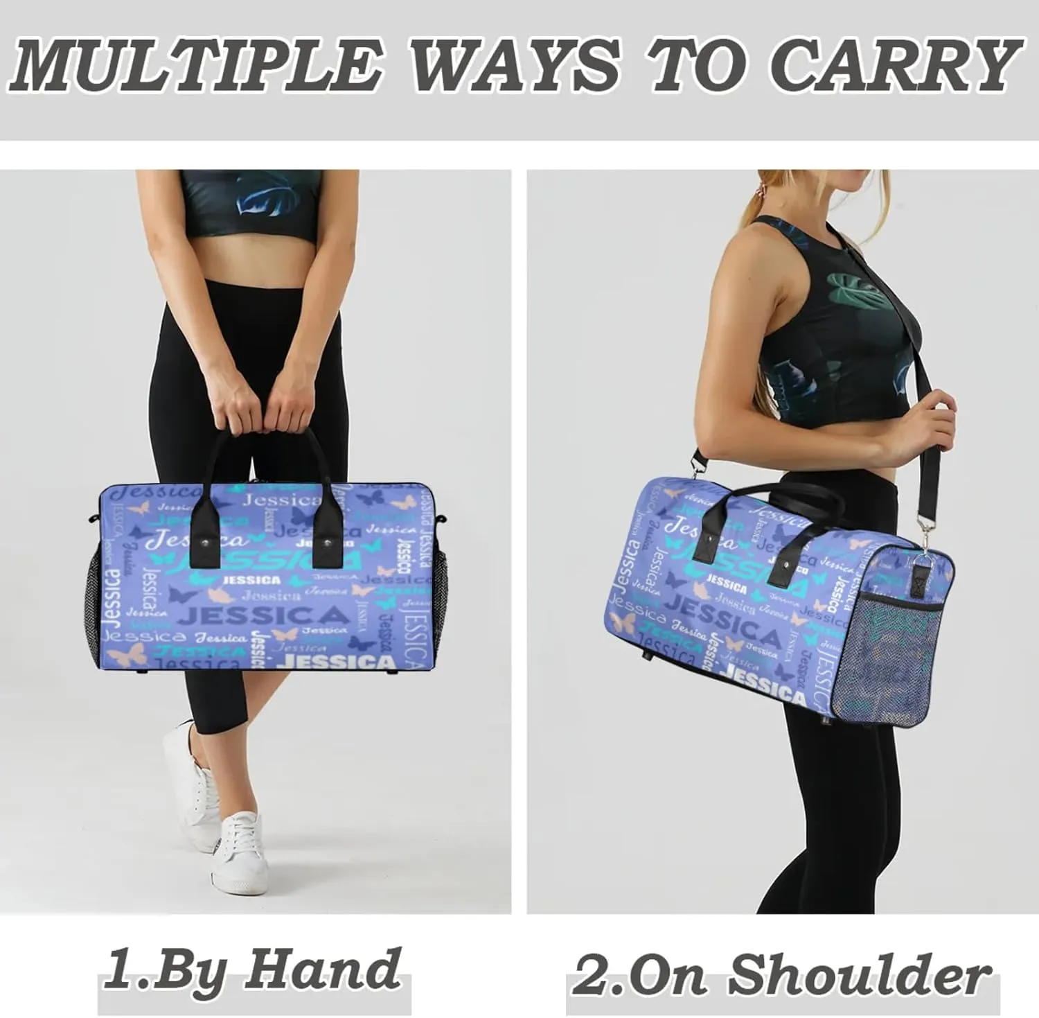 Personalized Sport Duffel Bag with Name, Colorful Butterflies Design Custom Weekender Bag Sleepover Bags for Dance Ballet Gymnastics, Blue Purple