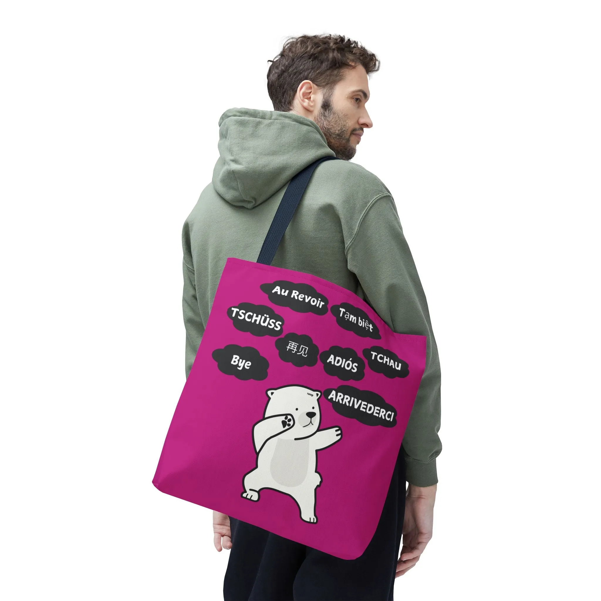 Pink Multilingual Farewell Tote Bag with Dancing Bear Design- Perfect for Friendship Gifts, Bag for Shopping, Everyday Shopping bag