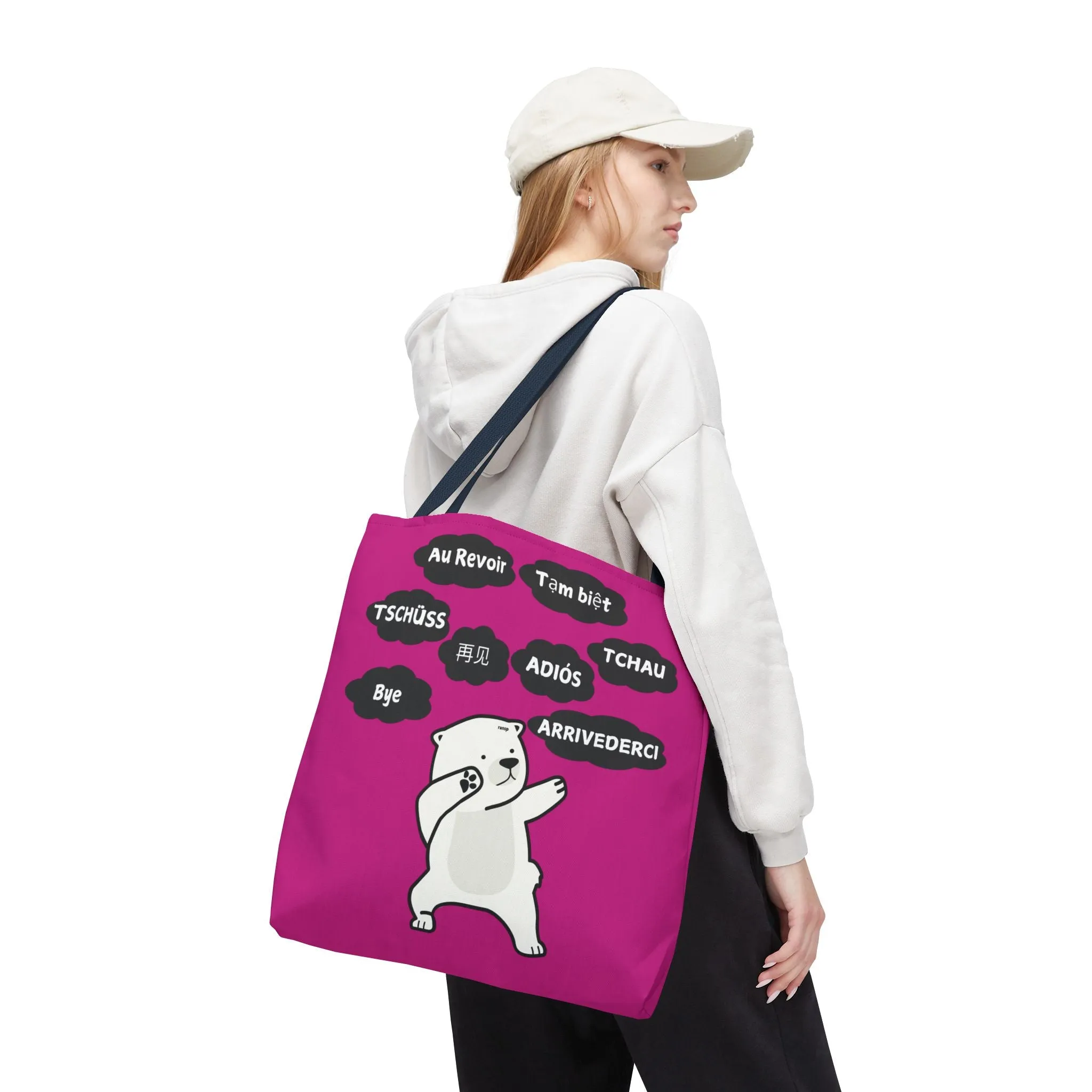 Pink Multilingual Farewell Tote Bag with Dancing Bear Design- Perfect for Friendship Gifts, Bag for Shopping, Everyday Shopping bag