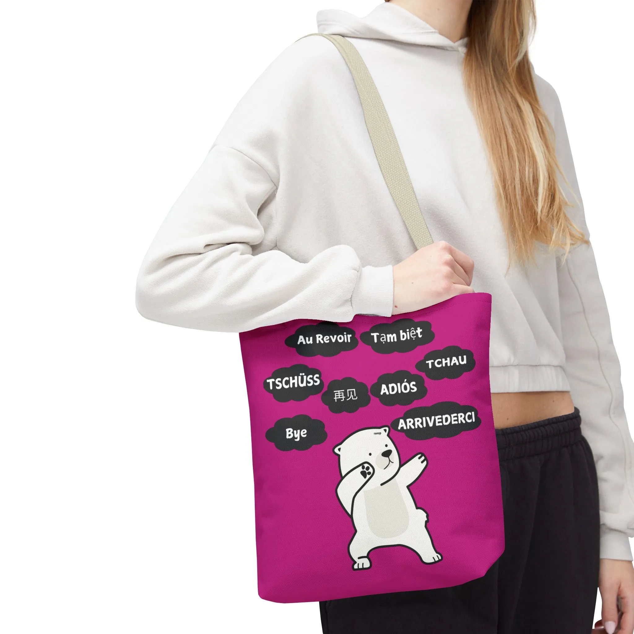 Pink Multilingual Farewell Tote Bag with Dancing Bear Design- Perfect for Friendship Gifts, Bag for Shopping, Everyday Shopping bag