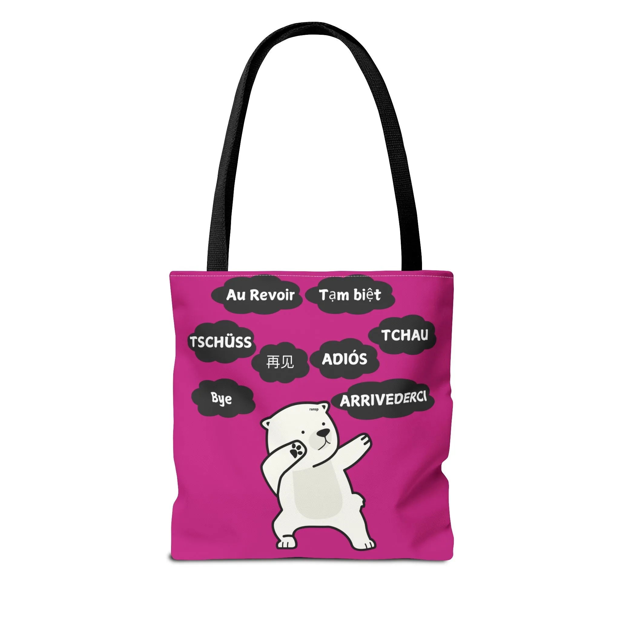 Pink Multilingual Farewell Tote Bag with Dancing Bear Design- Perfect for Friendship Gifts, Bag for Shopping, Everyday Shopping bag