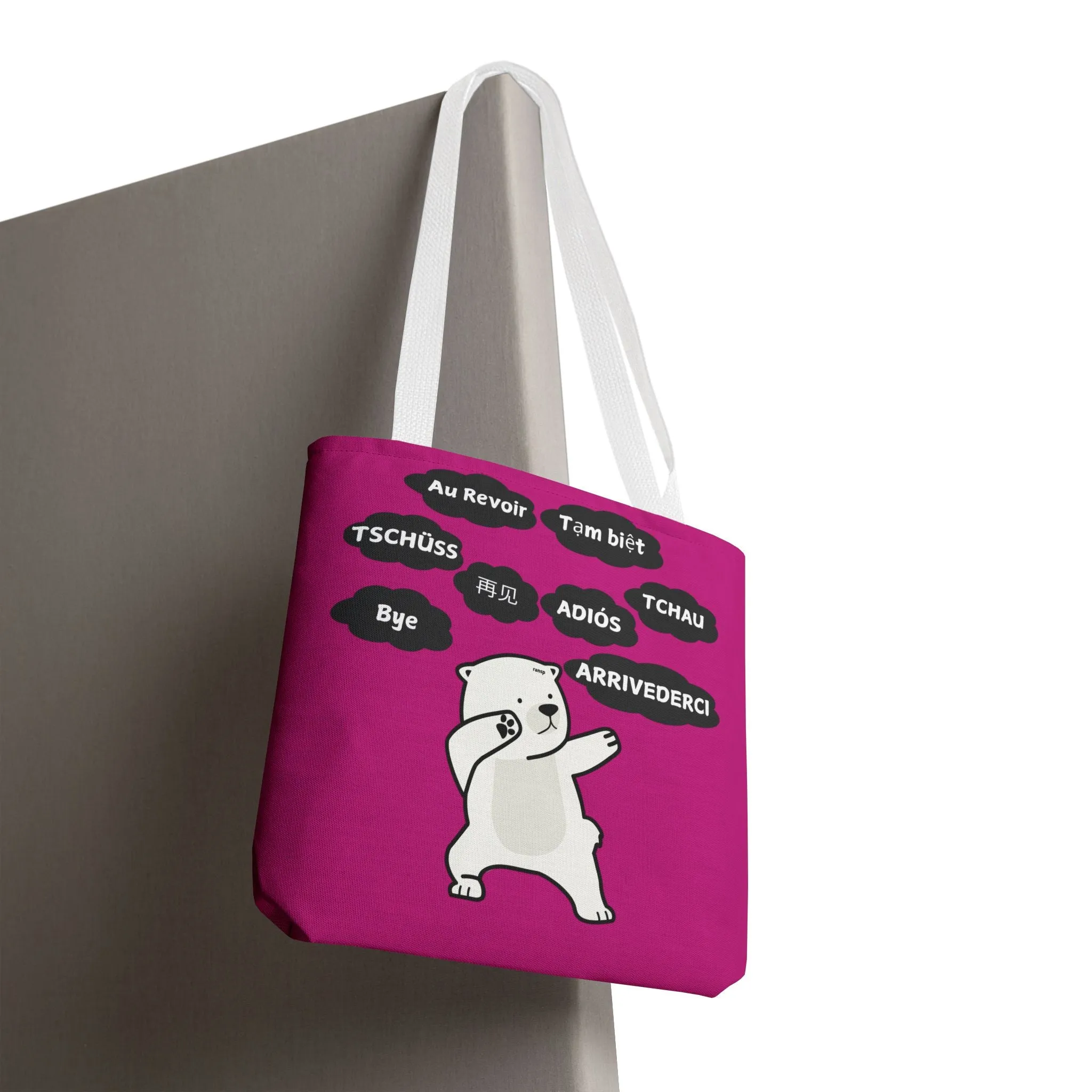 Pink Multilingual Farewell Tote Bag with Dancing Bear Design- Perfect for Friendship Gifts, Bag for Shopping, Everyday Shopping bag